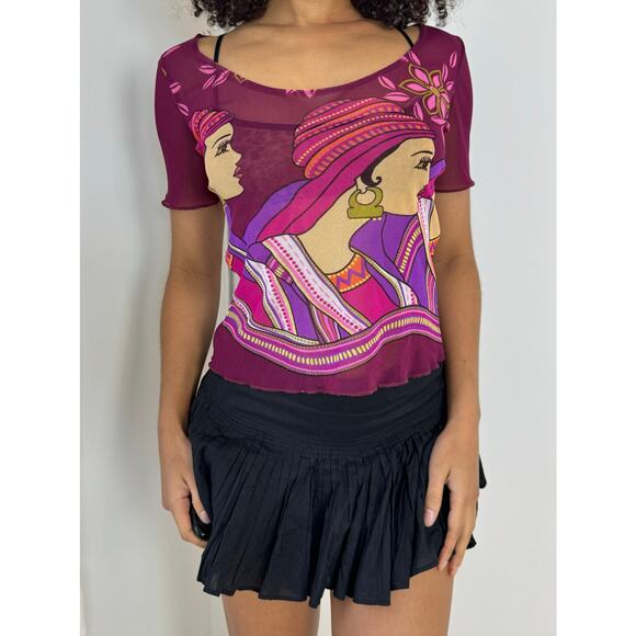 Vintage 00s Woman Graphic Mesh Short Sleeve Tee (S/M) indie gaultier - Picture 3 of 10